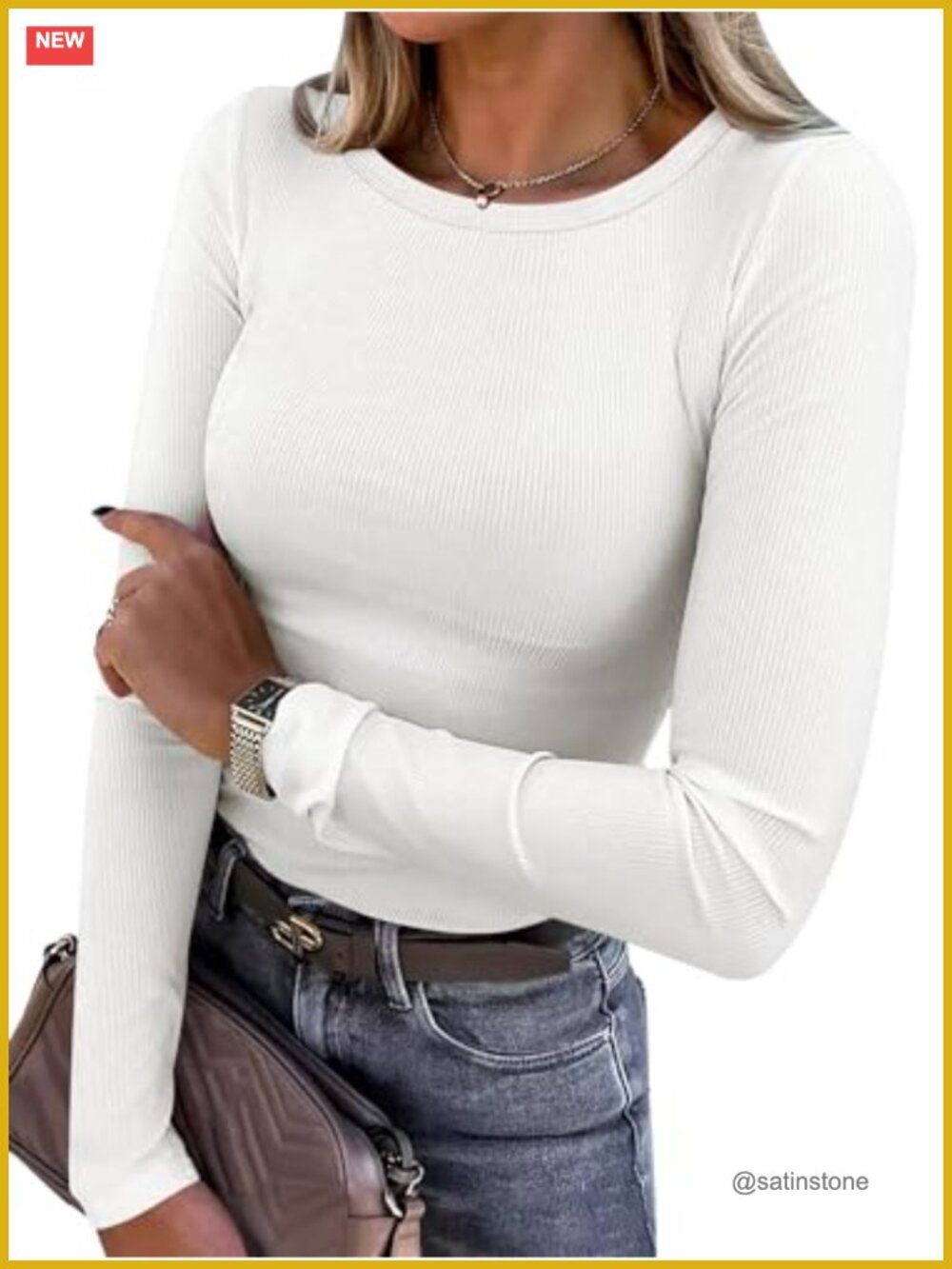 Women's Ribbed Long Sleeve Slim Fit Crewneck T-Shirt